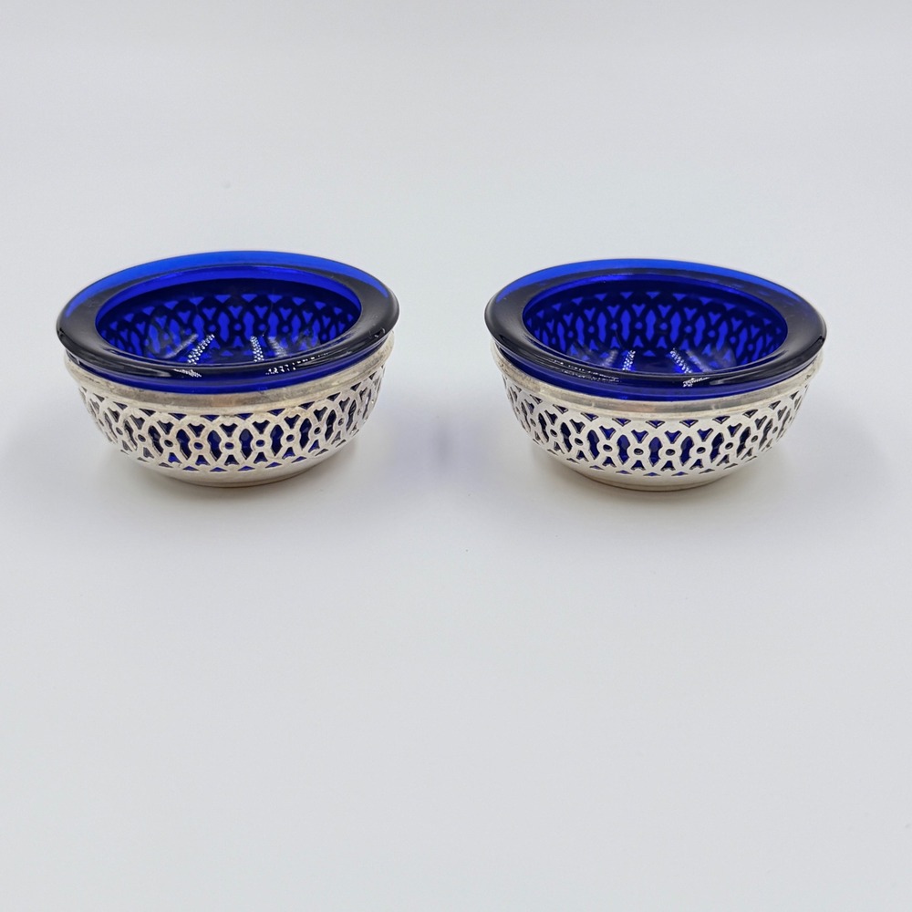 Antique Webster Sterling Reticulated Salt Cellars Cobalt Glass Liners Set of 2